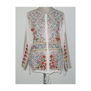 NWT Johnny Was Embroidered EZRA Blouse TOP Drawstring Hem White Rayon XL MSP$310
